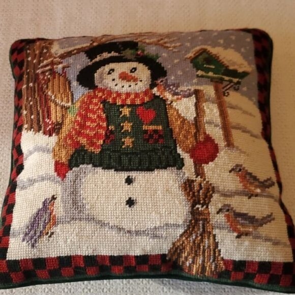Holiday Cross Stitch Snowman with Birds Zippered ~14"x14"x3" Pillow - Picture 2 of 8